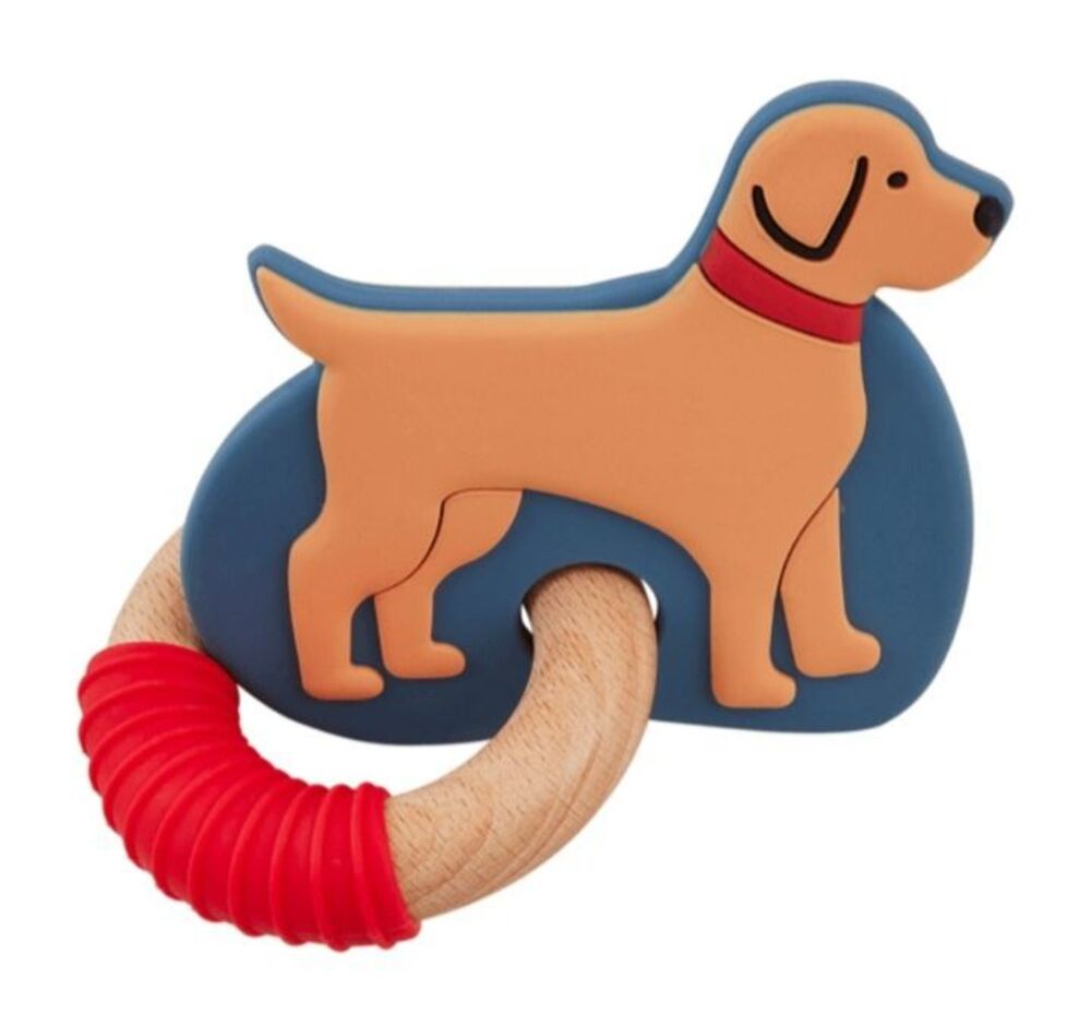 Mud Pie Dog Silicone Teether Ring Baby Beech Wood Toy BPA Free Puppy Yellow Red
